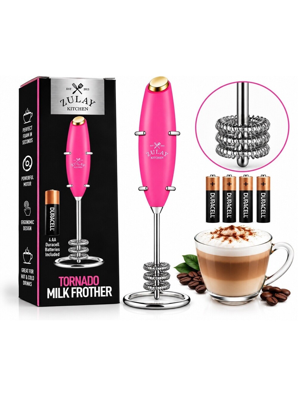 💗 Zulay Kitchen Tornado Milk Frother Pink 3-Coil Electric Handheld Mixer
